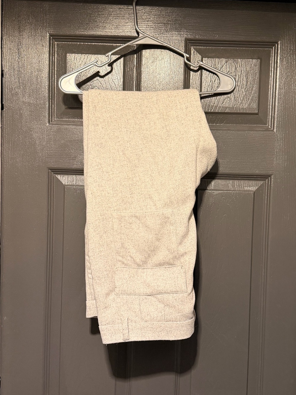 Express Men’s Thick Wool Dress Pants in Heather Gray. Featuring cuffed pant leg.
